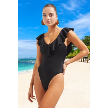 Volanlı V Yaka Mayo Plaj Mayosu Klora Dayanıklı Havuz Şık Detaylı Yaz Koleksiyonu