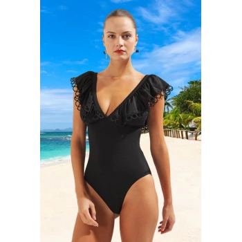 Volanlı V Yaka Mayo Swimsuit Esnek Kumaş Havuz Mayosu Plaj Klora Dayanıklı