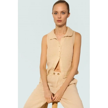 100 Keten Bluz Dik Yaka Kolsuz Fitted Günlük Stil Trend Tasarım Özenle Seçilmiş Özel