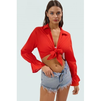 100 Pamuk Crop Bluz Bağlama Detayı Gömlek Yaka Yazlık Plaj Rahat Kullanım