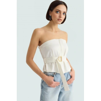 100 Pamuk Gabardin Bluz Kolsuz Straplez Fitted Kemerli Şık Profesyonel Görünüm Rahat Kullanım