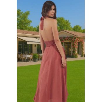 100 Pamuk Kadın Bisiklet Yaka Bağlamalı Maxi Plaj Elbisesi Seçkin Malzeme Rahat Ve Şık