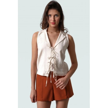 100 Pamuk Keten Görünümlü Bluz Kolsuz Ceket Yaka Regular Kalıp Yazlık Premium Kalite