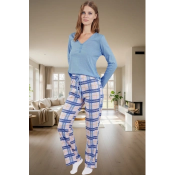100 Pamuk Örme Pijama Takımı Ekose V Yaka Boru Paça Rahat Özel Tasarım Trend