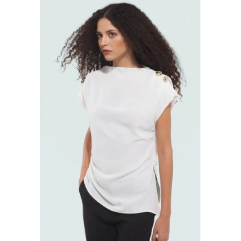 100 Polyester Krep Kumaş Kadın Bluz Dik Yaka Fitted Yazlık Yüksek Kalite Konforlu Kesim