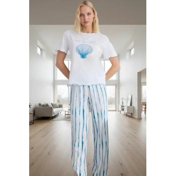 100 Viskoz Örme Boru Paça Pijama Takımı Mix Baskı Çizgili Rahat Ve Şık Görünüm Yüksek Kalite