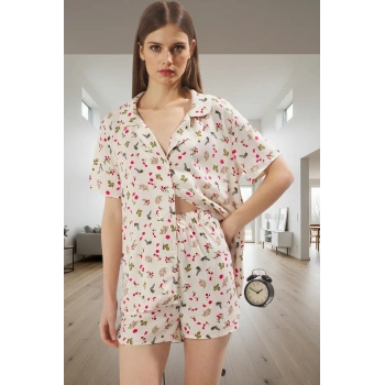 100 Viskoz Rahat Pijama Takımı Çok Meyve Desenli Regular Kalıp Yaz İçin Uzun Ömürlü