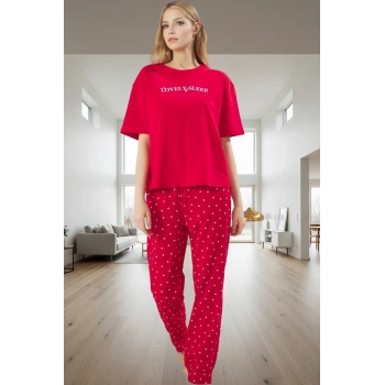2li Kadın Pijama Takımı Pamuklu Regular Kalıp Kalpli Desen Profesyonel Görünüm