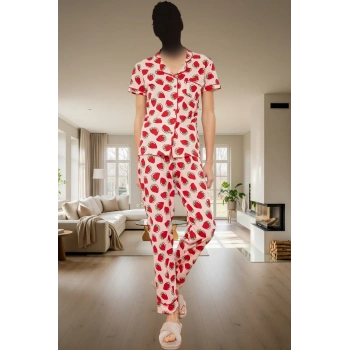 3lü Çilek Desenli İpliği Boyalı Pijama Takımı Rahat ve Şık Uyku Deneyimi Dayanıklı Malzeme