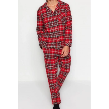 Erkek Polyester Gömlek Yaka Uzun Kol Regular Fit Ekose Dokuma Pijama Takımı