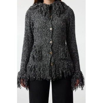 Kadın Moda Şık Regular Dik Yaka Regular Saçaklı Mont Görünümlü Triko Hırka