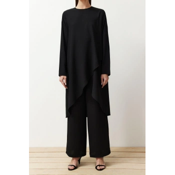 Kadın Moda Şık Boru Paça Uzun Boy Uzun Kollu Asimetrik Dokuma Tunik Pantolon Alt-Üst Takım