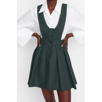 Moda Stil Regular V Yaka Mini Boy Askılı Dokuma Jile Elbise