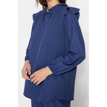 Moda Yüksek Bel Düz Bisiklet Yaka Balon Kol Casual Günlük Denim Görünümlü Tunik-Pantolon Takım