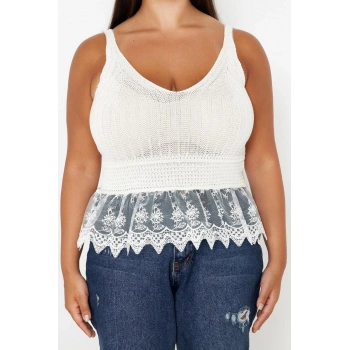 Moda Büyük Beden V Yaka Triko Fit Ajurlu Desen Casual Günlük Regular Askılı Kol Bluz