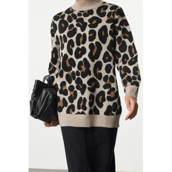 Kadın Modern Tarz Rahat Uzun Bisiklet Yaka Dokulu Kol Standart Triko Kazak