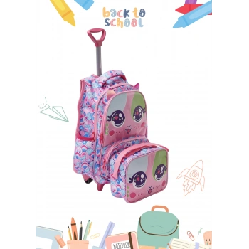 2li Kız Çocuk Okul Çantası Tekerlekli Beslenme Çantalı Desenli Okul Sırt Çantası