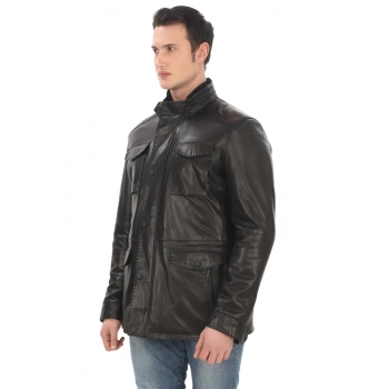 Erkek Hakiki Kuzu Derisi Kışlık Mont Kürklü Siyah Deri Ceket Soğuk Havalara Uygun Şık Tasarım