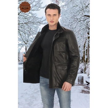 Erkek Hakiki Kuzu Derisi Kışlık Derimont Kürklü Siyah Deri Ceket Soğuk Havalara Uygun