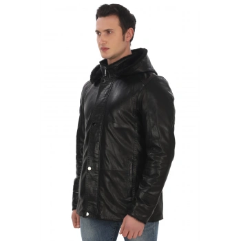 Erkek Hakiki Kuzu Derisi Kışlık Mont, Kürklü ve Kapüşonlu Siyah Deri Ceket, Soğuk Havalara Uygun