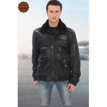 Hakiki Kuzu Derisi Bomber Ceket Siyah Havacı Pilot Mont Kürklü Yaka Kışlık