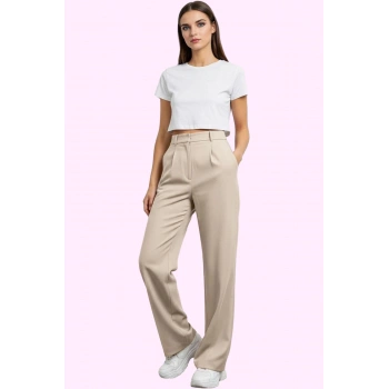 Kadın Geniş Paça Pileli Dokuma Pantolon Yüksek Bel Casual Günlük Yaz Aylarının Vazgeçilmezi