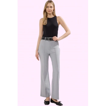 Kadın Yüksek Bel Geniş Paça Pantolon Nervürlü Detay Scuba Krep Kumaş Günlük Kullanım Hafta Sonu