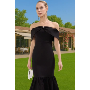 A Kesim Carmen Yaka Fiyonklu Midi Abiye Elbise Dokuma Yazlık Zarifane Tasarım Günlük Kullanım İçin