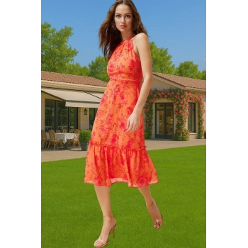 A Kesim Çiçek Desenli Şifon Midi Elbise Halter Yaka Astarlı Yazlık Uzun Ömürlü Günlük Kullanım İçin