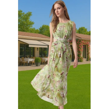 A Kesim Çiçek Desenli Tül Abiye Elbise Belden Açılan Etek Detaylı Şık Görünüm Modern Stil