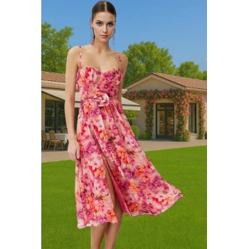 A Kesim Çiçekli Şifon Abiye Elbise Balo Ve Mezuniyet İçin Profesyonel Görünüm Mükemmel Uyum