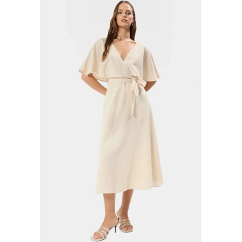 A Kesim Keten Görünümlü Midi Elbise Kısa Melek Kol Astarlı Pelerin Detay Modern Stil