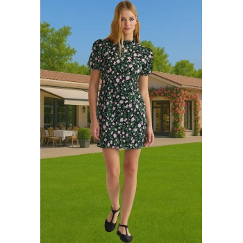 A Kesim Kısa Kollu Çiçekli Mini Elbise Polyester Dokuma Yazlık Zarifane Tasarım Zarifane Tasarım