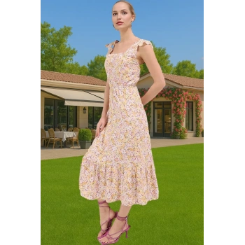 A Kesim Midi Boy Shally Dokuma Viskoz Elbise Kare Yaka Mükemmel Uyum Özenle Seçilmiş Uzun Ömürlü