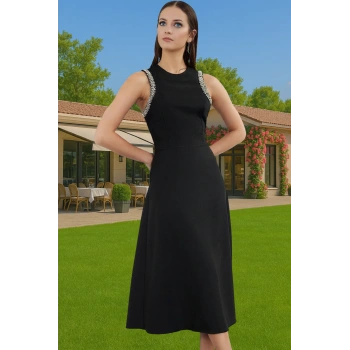 A Kesim Taş Detaylı Dokuma Midi Abiye Elbise Mükemmel Uyum Özenle Seçilmiş Modern Stil