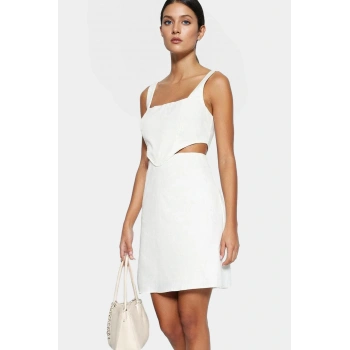 A Line Gabardin Mini Elbise Kolsuz Kare Yaka Cut Out Detay Pamuk Rahat Kullanım