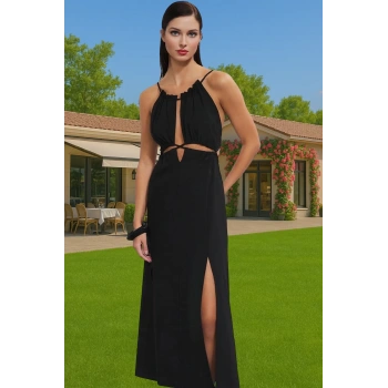 A line Halter Yaka Maxi Elbise Pamuk Elastan Bubble Krep Yazlık Plaj Konforlu Kesim Yüksek Kalite