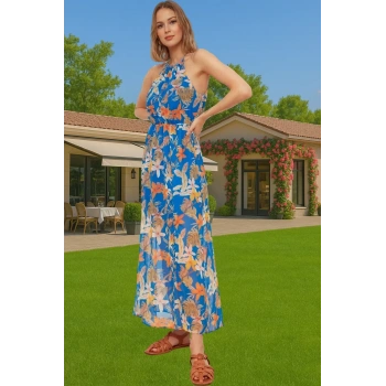 A line Halter Yaka Şifon Elbise Puantiyeli Desenli Yazlık Midi Yüksek Kalite Özenle Seçilmiş