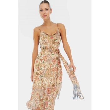 A line Maxi Elbise Şifon Kumaş Etnik Desen Kolsuz Kuşaklı Günlük Kullanım İçin