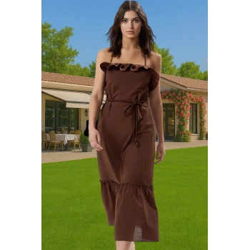 A line Maxi Pamuk Plaj Elbisesi Kare Yaka Volanlı Detaylı Yazlık Trend Tasarım Premium Kalite