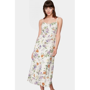 A line Midi Boy Kolsuz Çiçek Desenli Polyester Elbise Rahat Yazlık Profesyonel Görünüm