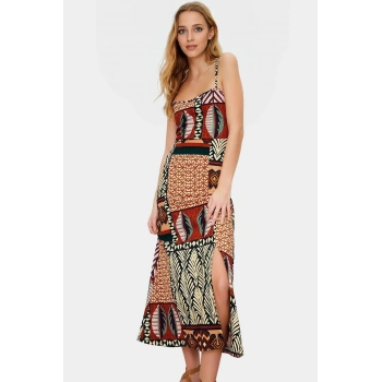 A Line Midi Elbise Örme Kumaş Etnik Desen Kare Yaka Rahat ve Şık Zarifane Tasarım Özel