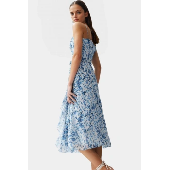 A line Midi Elbise Şifon Dokuma V Yaka Kuşaklı Soyut Desen Profesyonel Görünüm