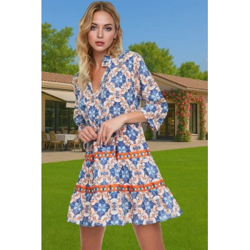 A line Mini Balon Kol Pamuk Vual Plaj Elbisesi Etnik Desen Uzun Ömürlü Özenle Seçilmiş Mükemmel Uyum