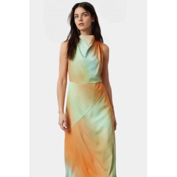 A Line Polyester Midi Elbise Degaje Yaka Krep Dokuma Astarlı Premium Kalite Modern Stil