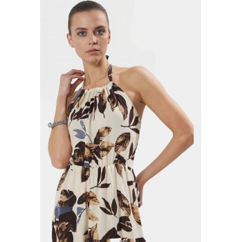 A Line Şifon Maxi Elbise Halter Yaka Çiçek Desen Viskoz Kumaş Yazlık Günlük Kullanım İçin