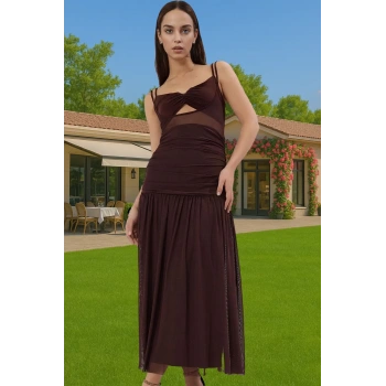 A Line V Yaka Tül Midi Abiye Elbise Örme Kumaş Yazlık Mezuniyet Trend Tasarım Zarifane Tasarım