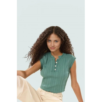 Ajurlu Crop Bluz Triko İnce Yazlık Günlük Şık Özenle Seçilmiş Konforlu Kesim