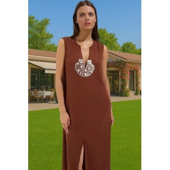 Aksesuarlı Şık Maxi Elbise Rahat Keten Dokuma Yazlık Günlük Kullanım İçin Şık Görünüm Rahat Ve Şık