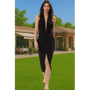 Aksesuarlı V Yaka Maxi Örme Elbise Yazlık Plaj Şıklığı Seçkin Malzeme Şık Görünüm Özel Tasarım